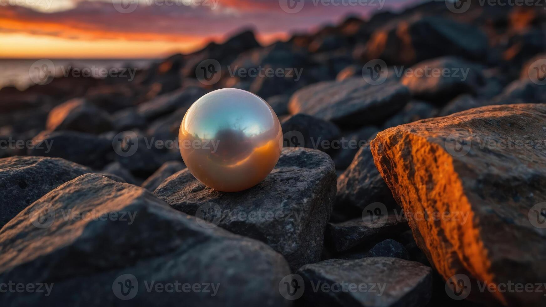 A luminous pearl rests on textured rocks during a colorful sunset by the sea. photo