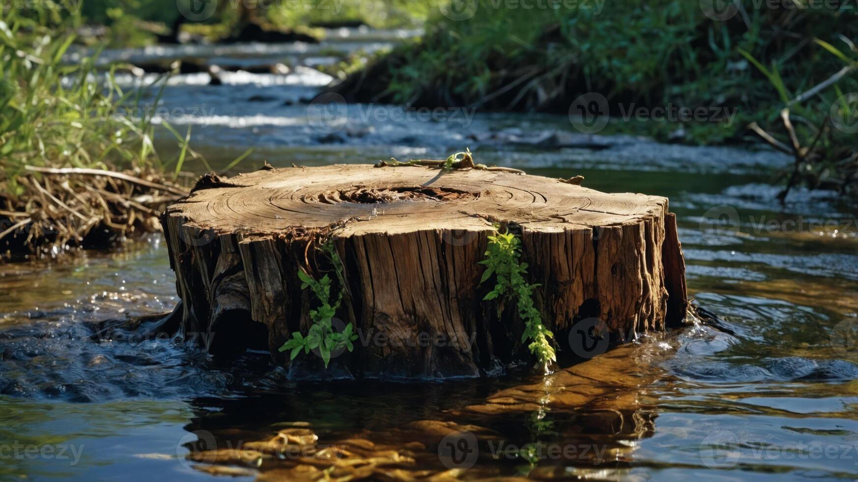 A tree stump surrounded by water and greenery in a natural setting. photo