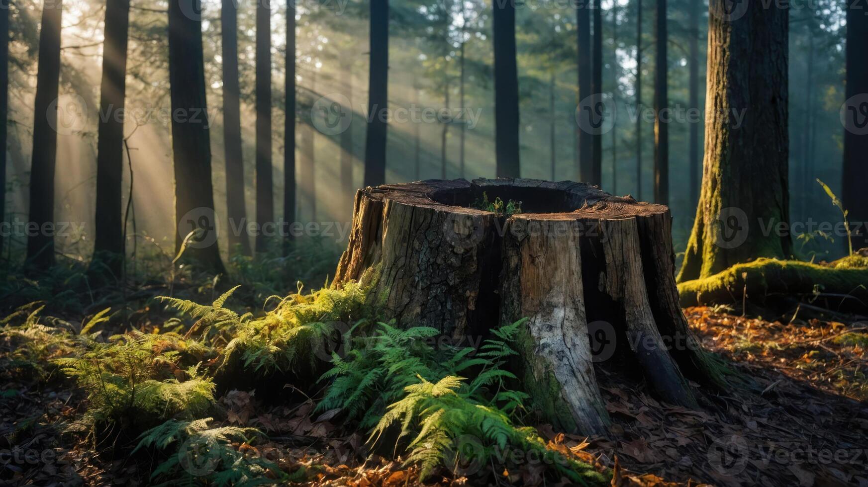 A sunlit forest scene featuring a tree stump surrounded by ferns and shafts of light. photo
