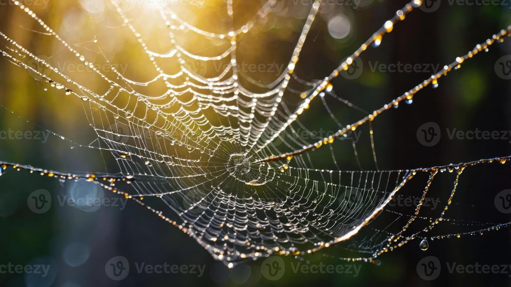 A close-up of a spider web adorned with dew drops, illuminated by sunlight. photo