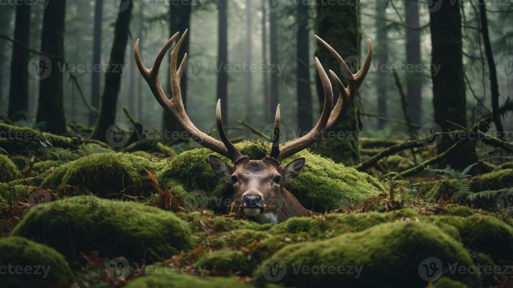 A majestic deer with large antlers rests among lush green moss in a serene forest. photo