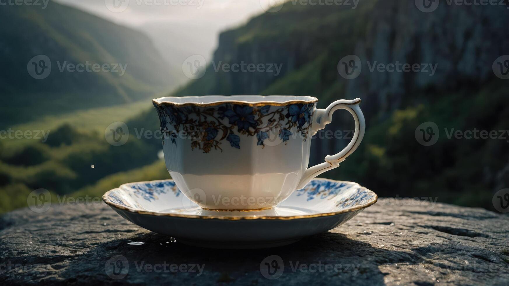 A delicate porcelain cup and saucer placed on a stone, surrounded by a lush landscape. photo