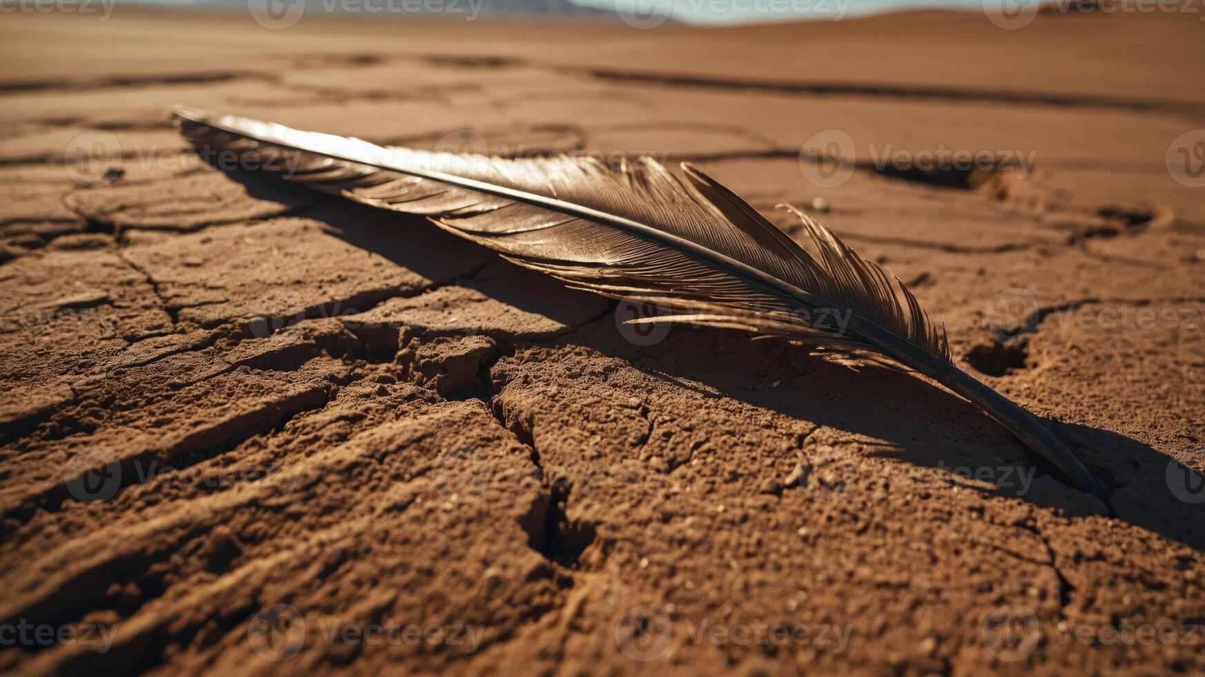 A single feather rests on cracked earth, highlighting nature's beauty and fragility. photo