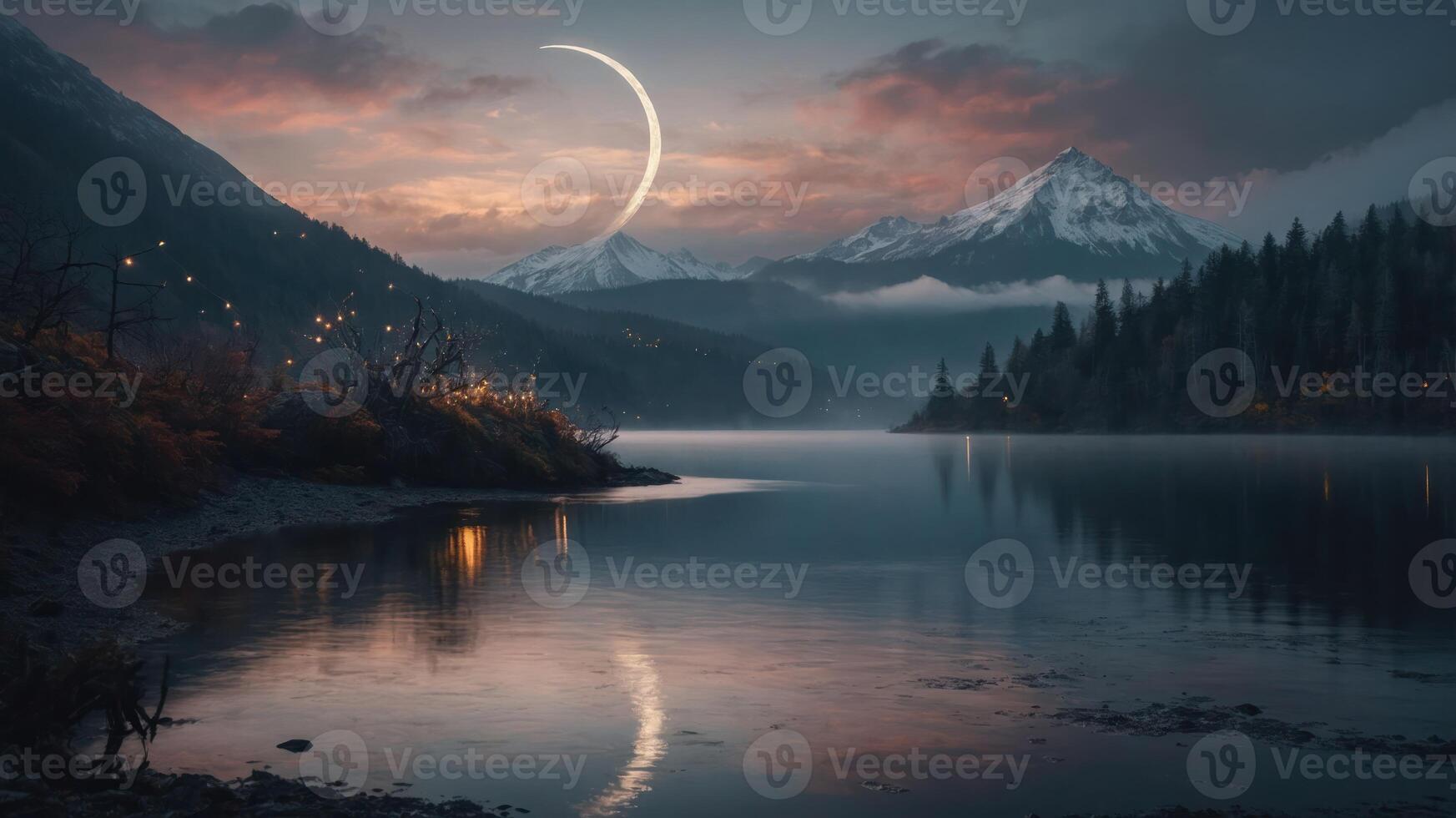 Serene landscape with mountains, a lake, and a crescent moon at sunset. photo