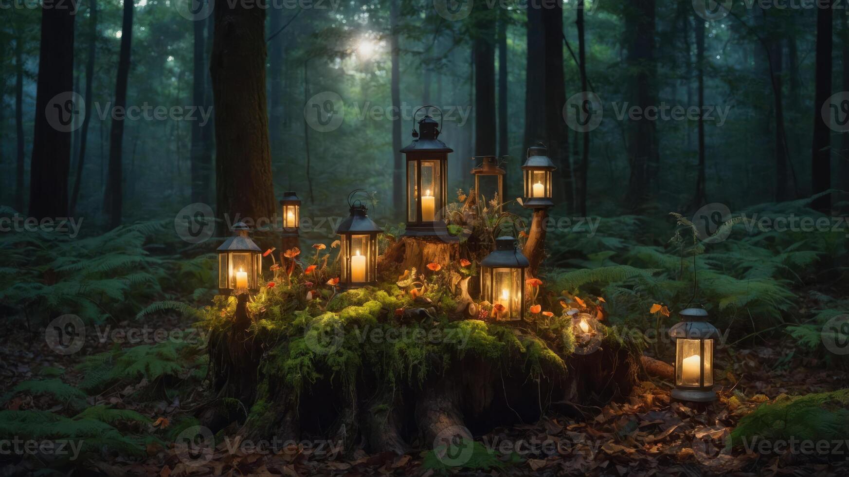 A serene forest scene with glowing lanterns on a mossy stump, creating a magical atmosphere. photo