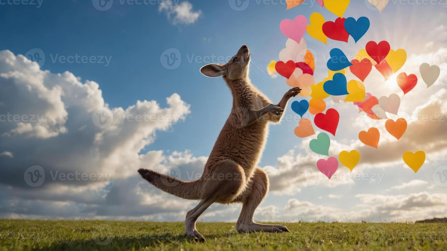 A kangaroo playfully interacts with colorful heart shapes against a scenic sky. photo