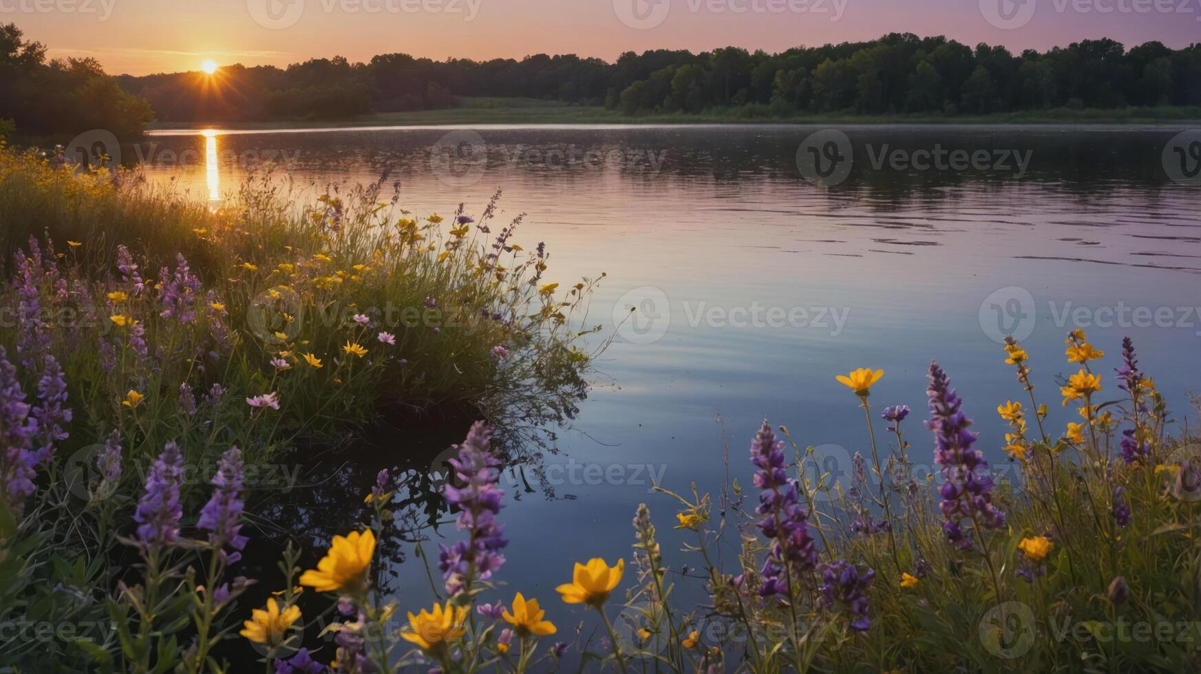 Serene sunset over a lake with vibrant wildflowers along the shore. photo