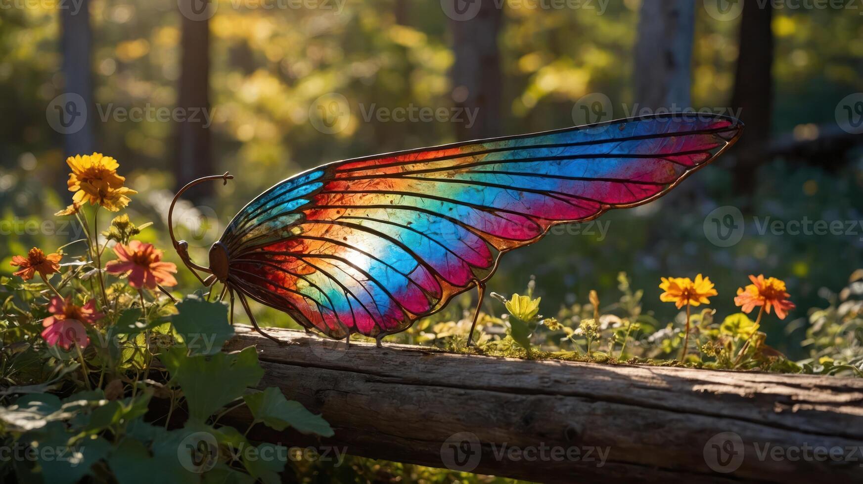 A colorful butterfly wing sculpture rests on a log surrounded by vibrant flowers in a forest. photo