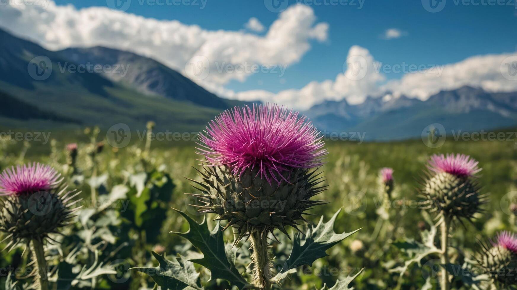 A vibrant thistle flower stands out against a scenic mountainous landscape. photo