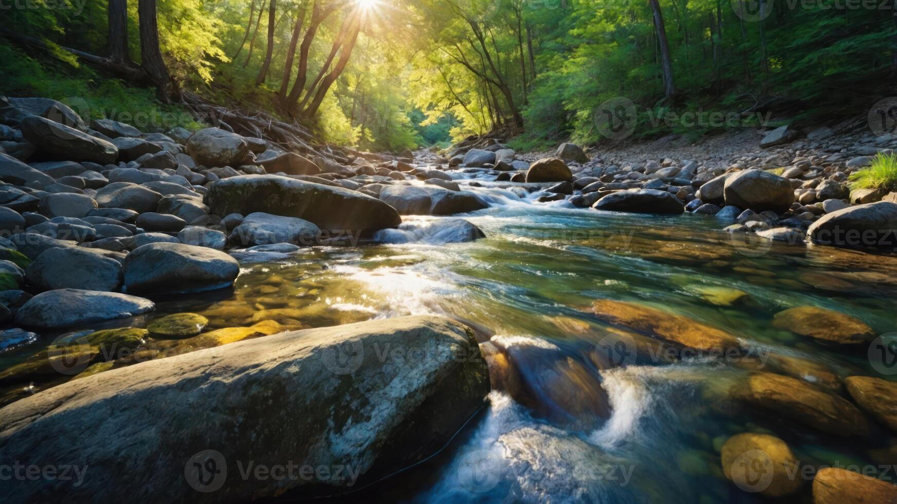 A serene river flows through a lush green forest, illuminated by sunlight. photo