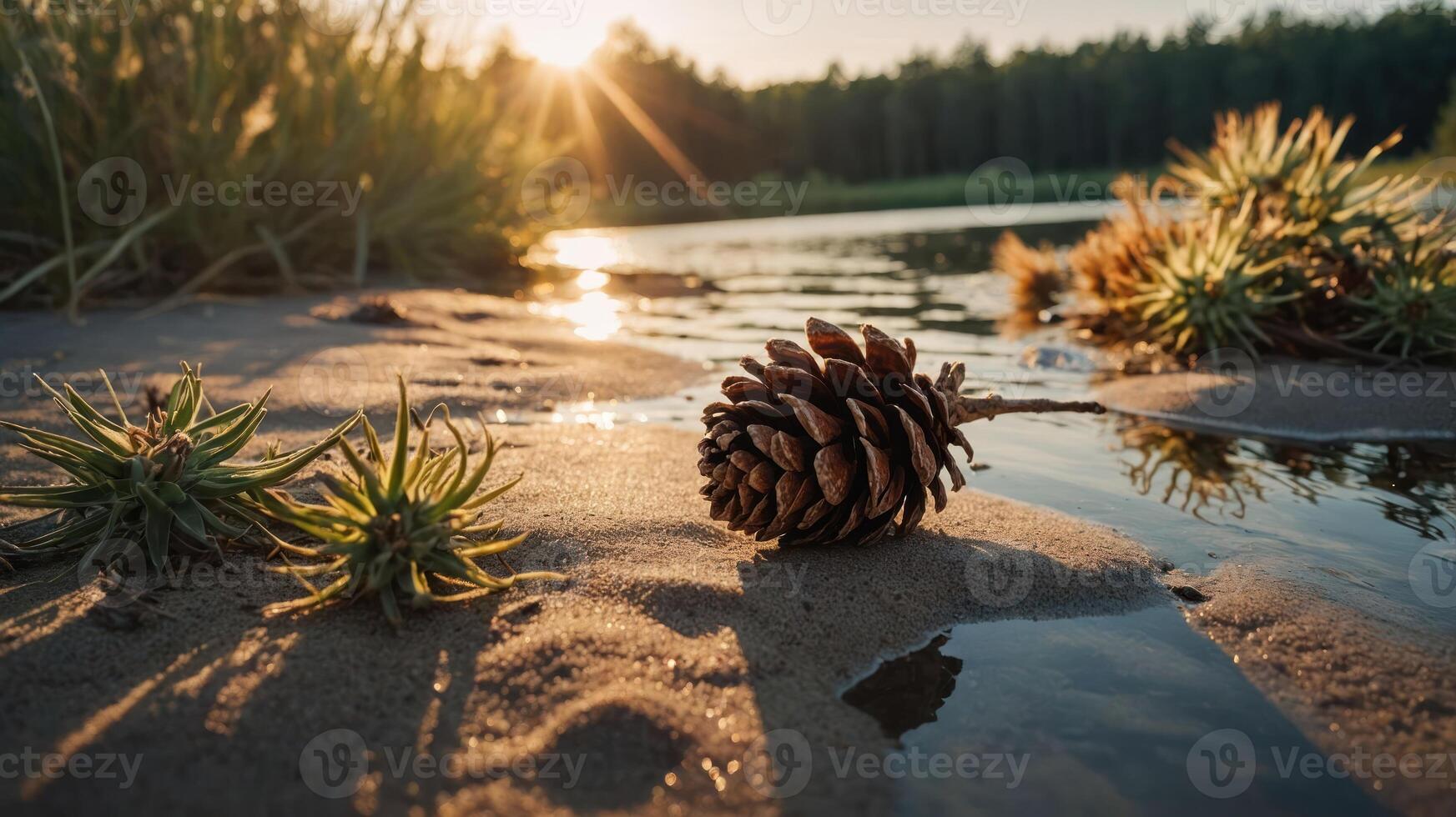 A serene lakeside scene featuring a pine cone on sandy shore with sunlight reflecting on water. photo