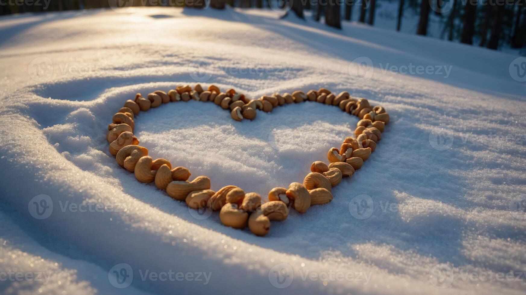 A heart shape made of nuts placed on a snowy surface, symbolizing love and nature. photo