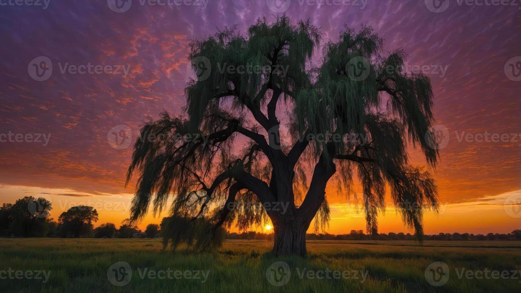 A majestic tree silhouetted against a vibrant sunset sky in a serene landscape. photo