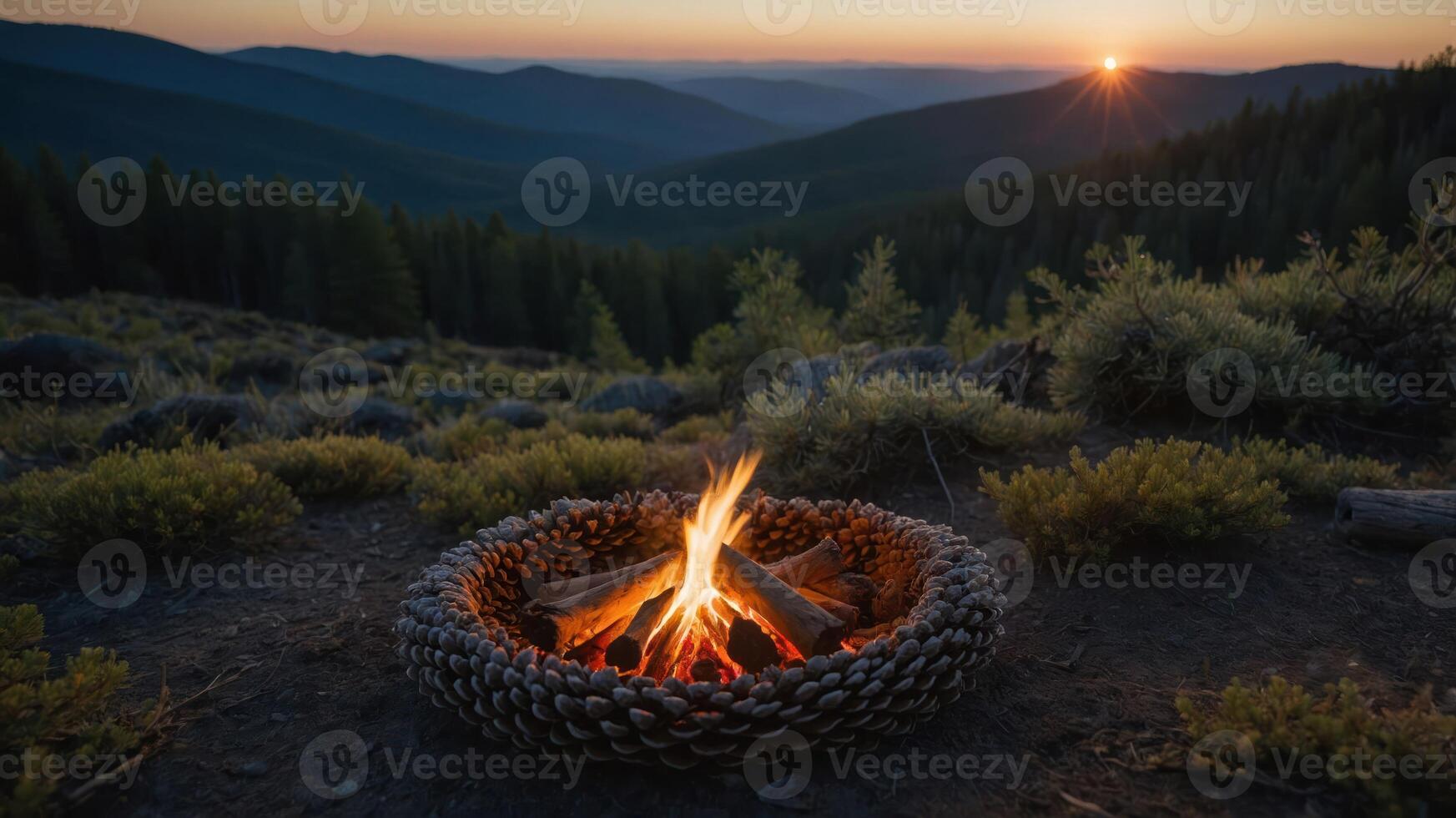 A cozy campfire surrounded by pinecones at sunset in a serene mountainous landscape. photo