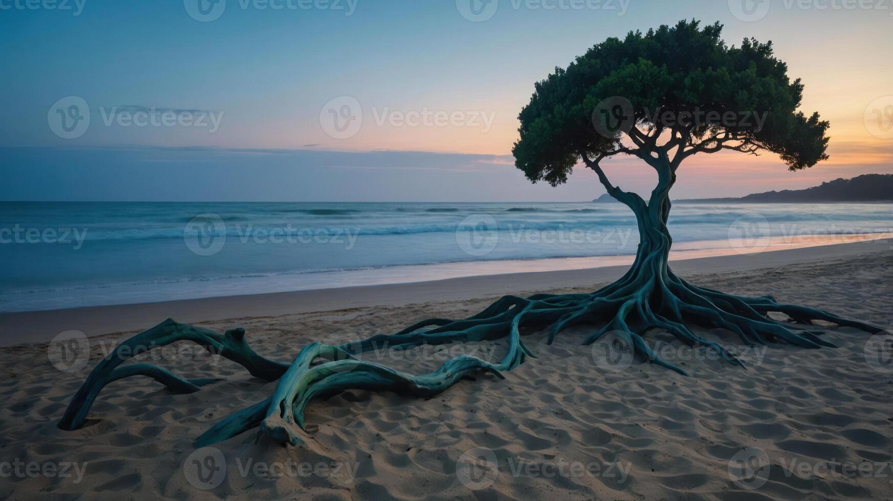 A solitary tree with exposed roots stands on a sandy beach at sunset by the ocean. photo