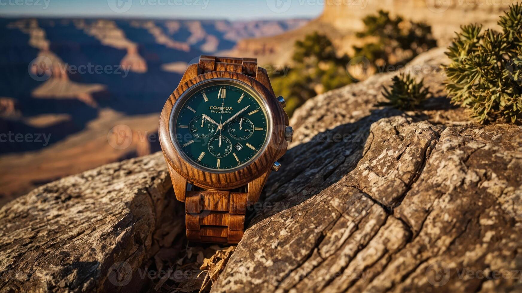 A wooden watch rests on a rock with a scenic canyon backdrop, showcasing nature and craftsmanship. photo