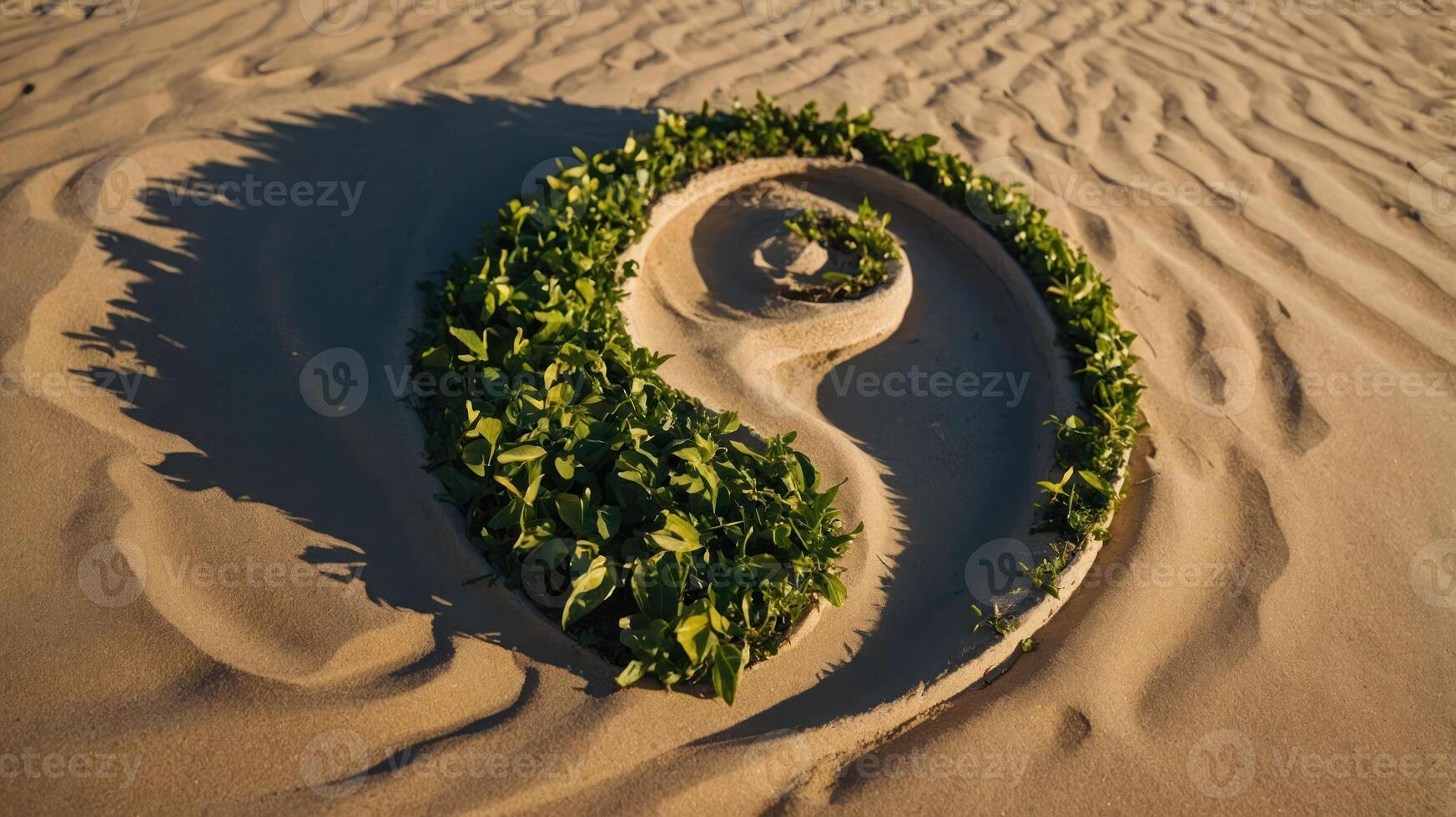 A sand design featuring a yin-yang symbol surrounded by greenery on a beach. photo