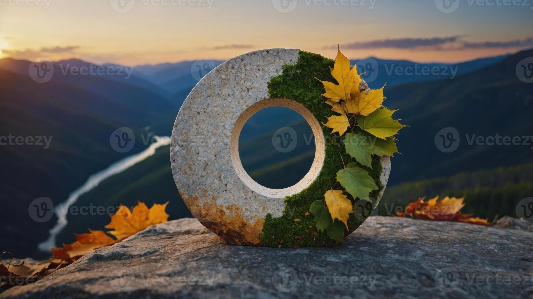 A stone circle adorned with leaves, set against a scenic mountain landscape at sunset. photo