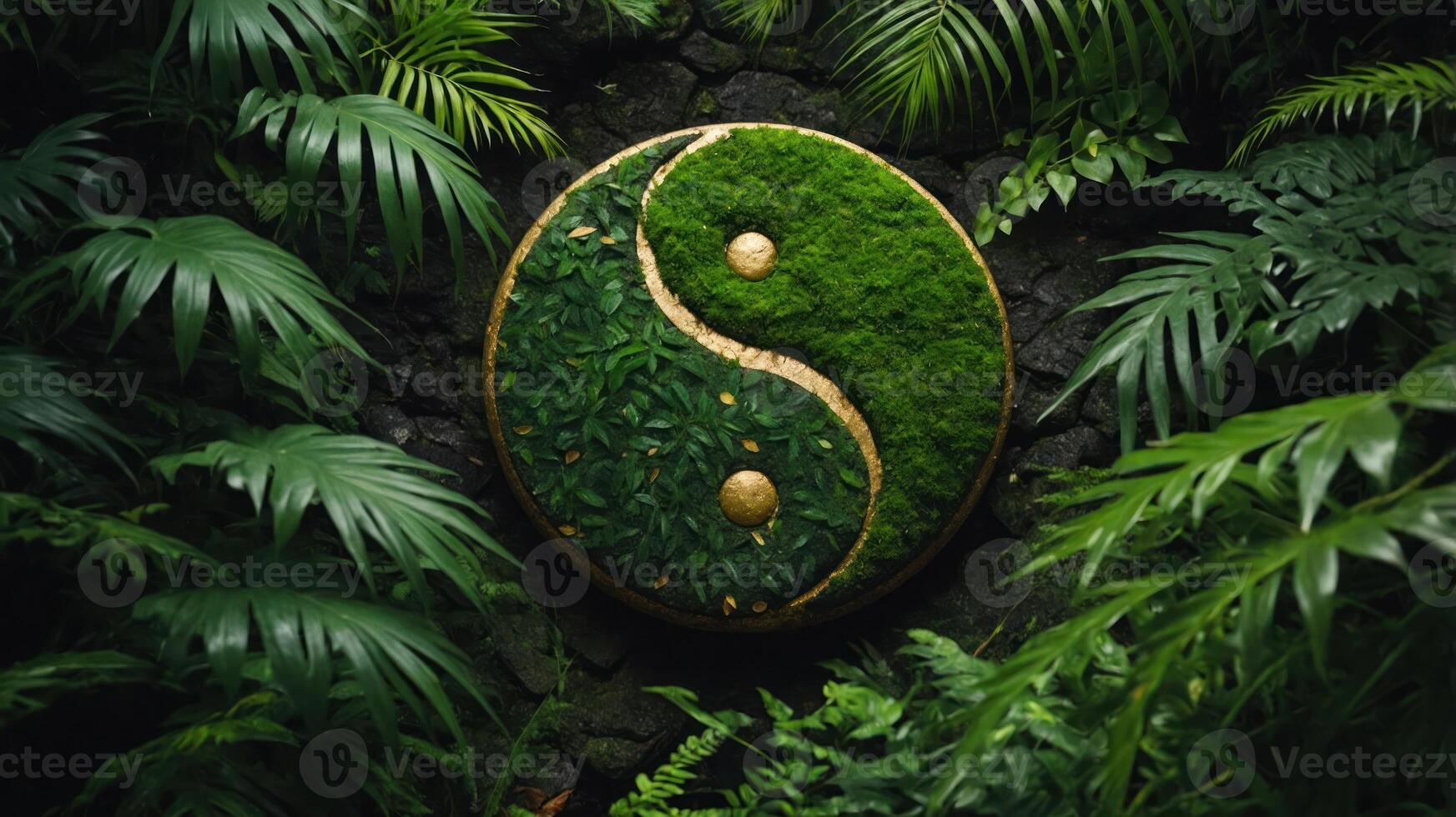 A yin-yang symbol made of greenery, surrounded by lush tropical plants, symbolizing harmony. photo