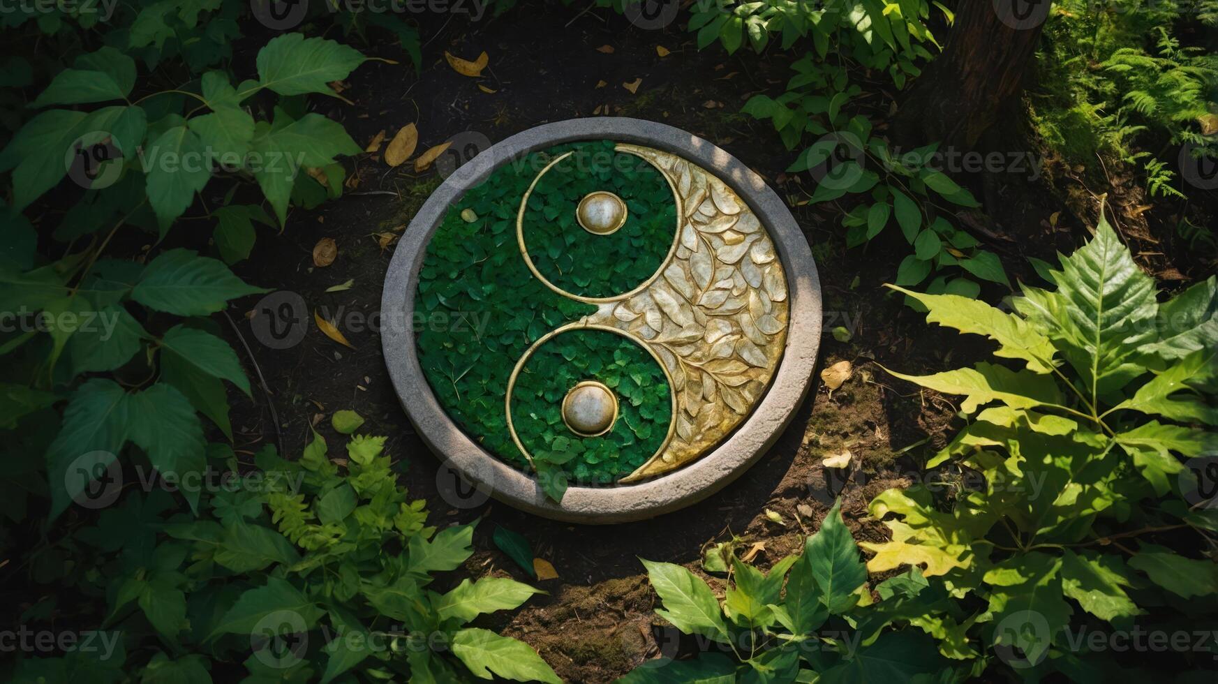 A yin-yang symbol made of green leaves and golden elements in a natural setting. photo