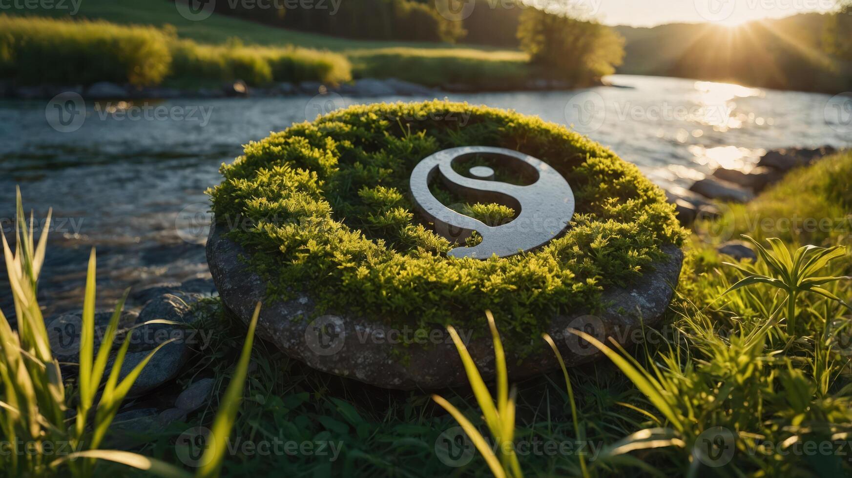 A serene scene featuring a yin-yang symbol on a stone surrounded by lush greenery by a river. photo