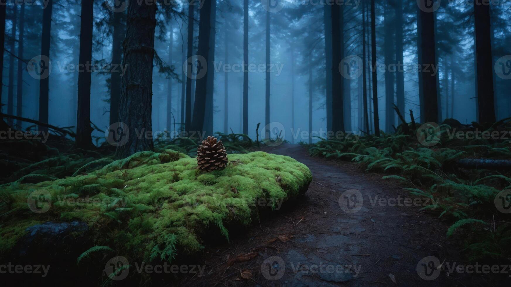 A serene forest scene with a pine cone on moss beside a winding path in a foggy atmosphere. photo