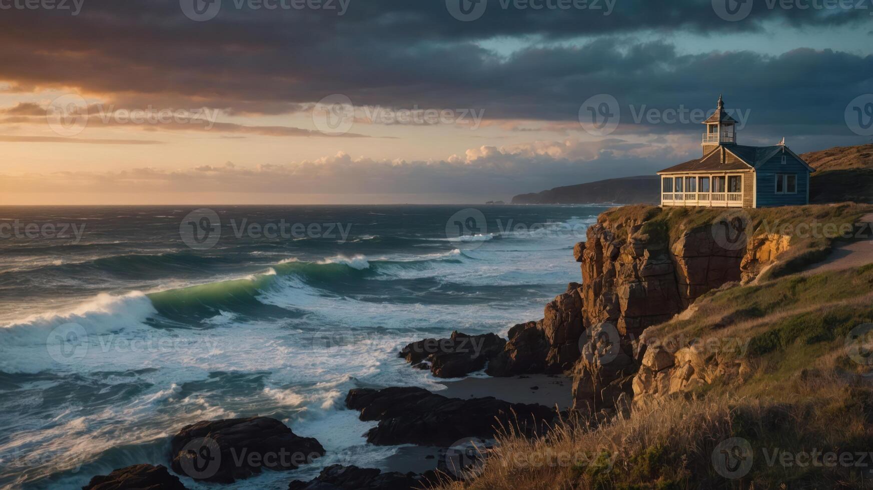 Scenic coastal view with a charming house perched on a cliff during sunset. photo