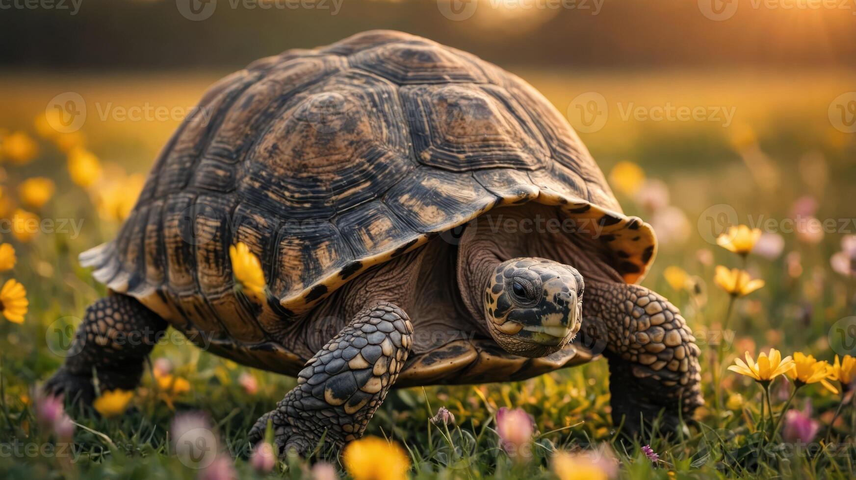 A tortoise walking through a field of colorful flowers during sunset. photo