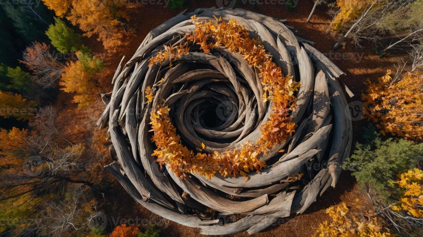 Aerial view of a spiral arrangement of logs surrounded by autumn foliage. photo