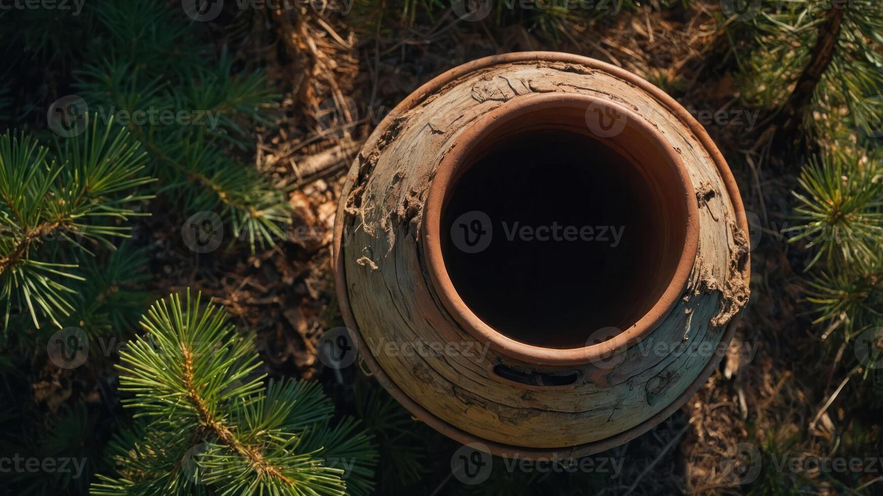 Aerial view of a rustic clay pot surrounded by pine needles in a natural setting. photo