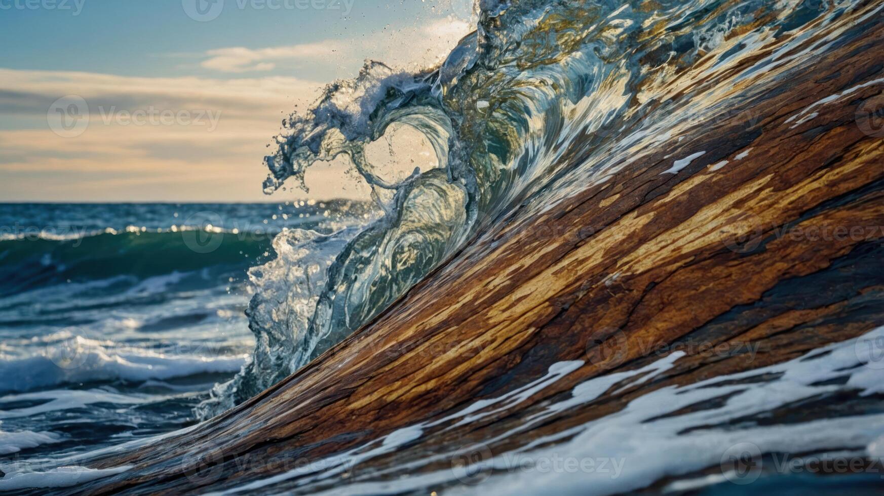 A close-up of a wave crashing over a wooden surface, capturing the beauty of nature. photo