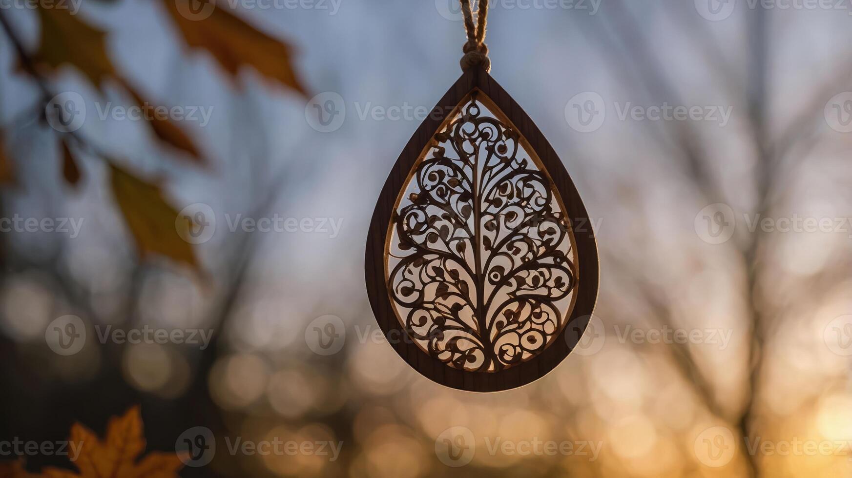 A decorative wooden pendant featuring intricate tree designs, set against a sunset backdrop. photo