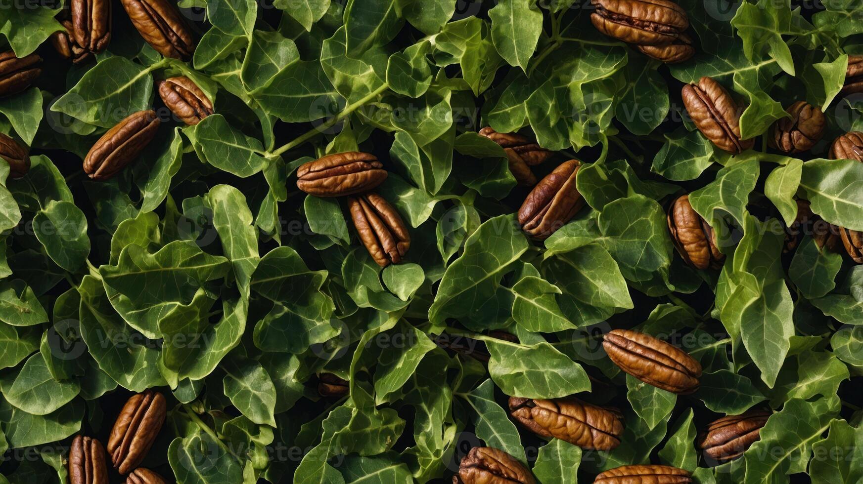 A close-up of pecans scattered among vibrant green ivy leaves. photo