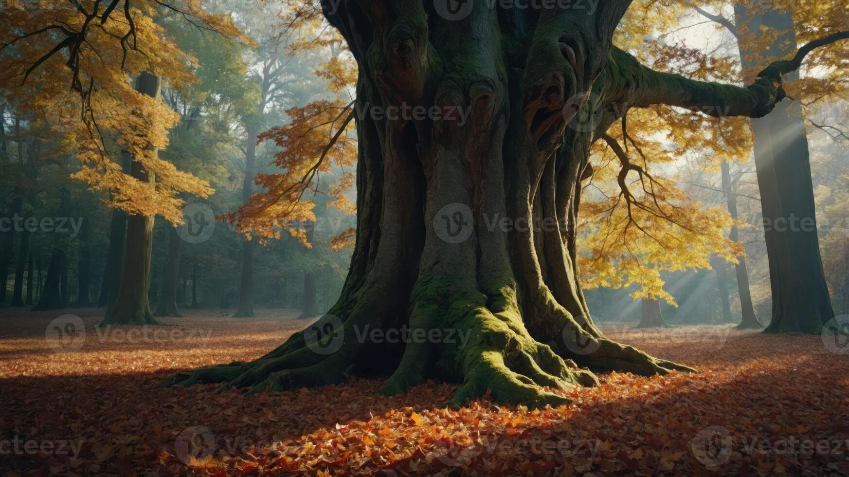 A majestic tree in an autumn forest, surrounded by fallen leaves and soft sunlight. photo