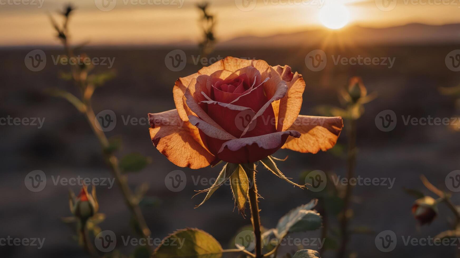 A close-up of a blooming rose with sunlight in the background, symbolizing beauty and nature. photo