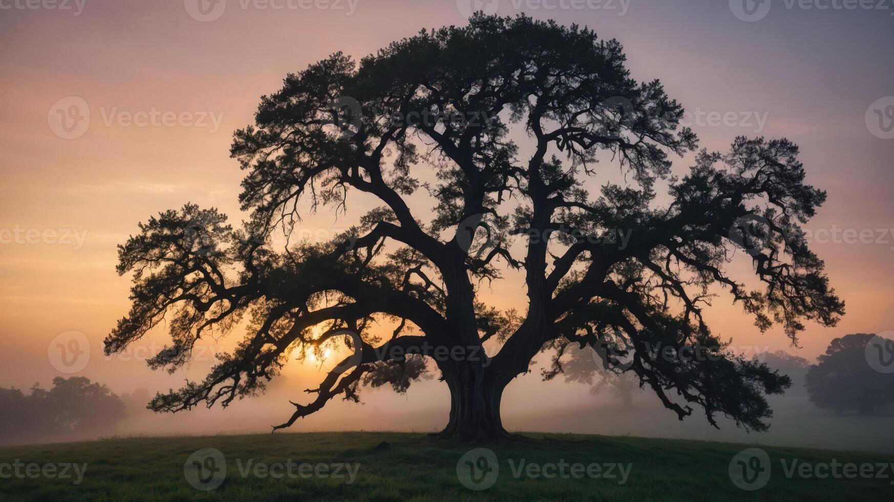 A majestic tree silhouetted against a misty sunrise, evoking tranquility and nature's beauty. photo