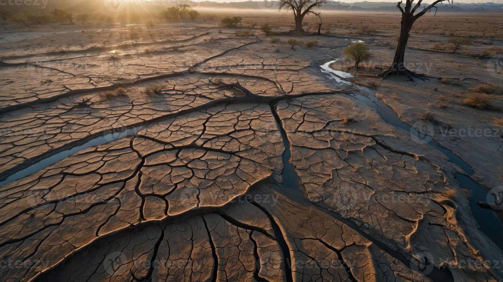 A dry, cracked landscape under a setting sun, highlighting environmental changes. photo