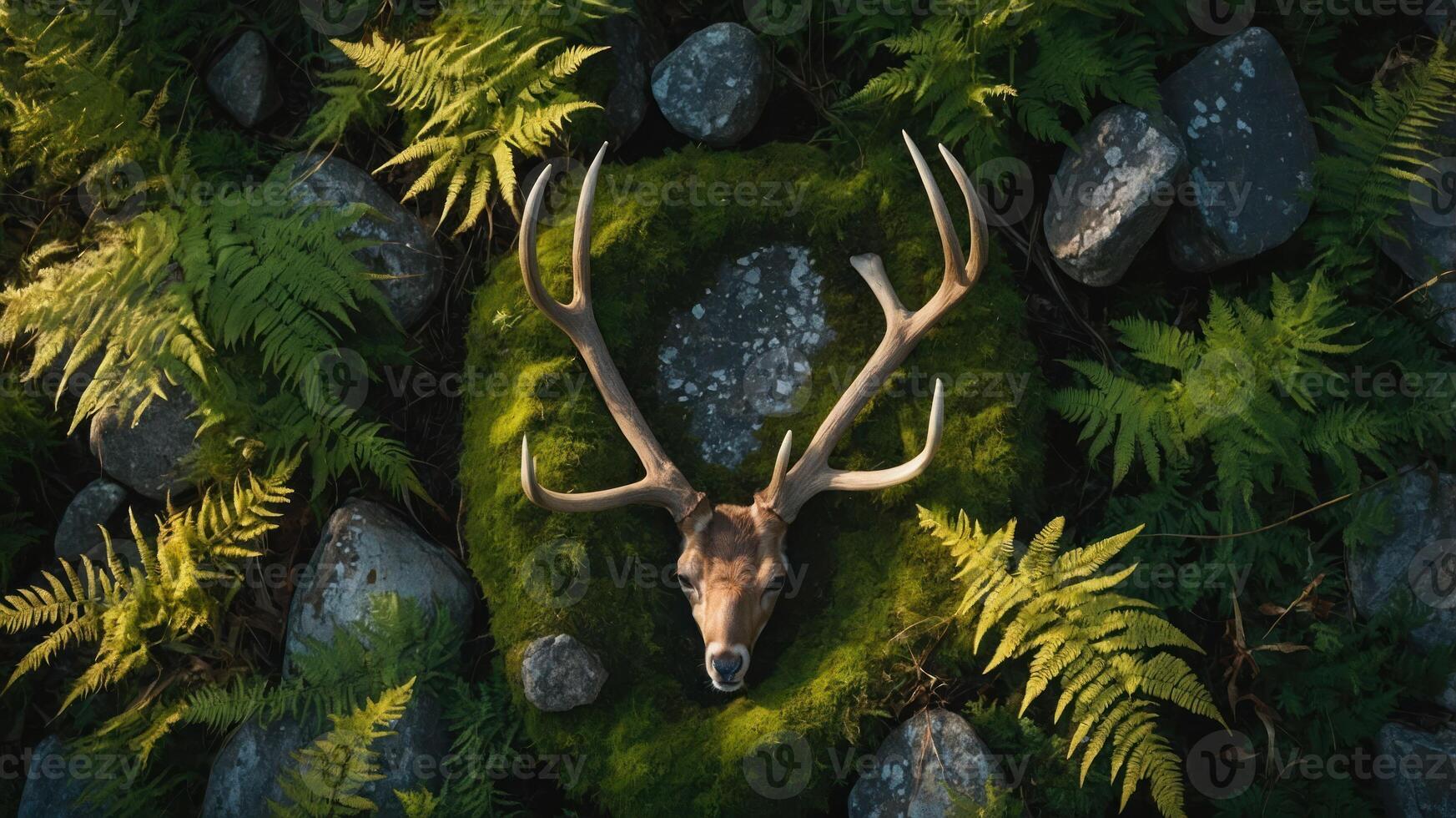 A deer skull rests on moss surrounded by stones and ferns, highlighting nature's beauty. photo