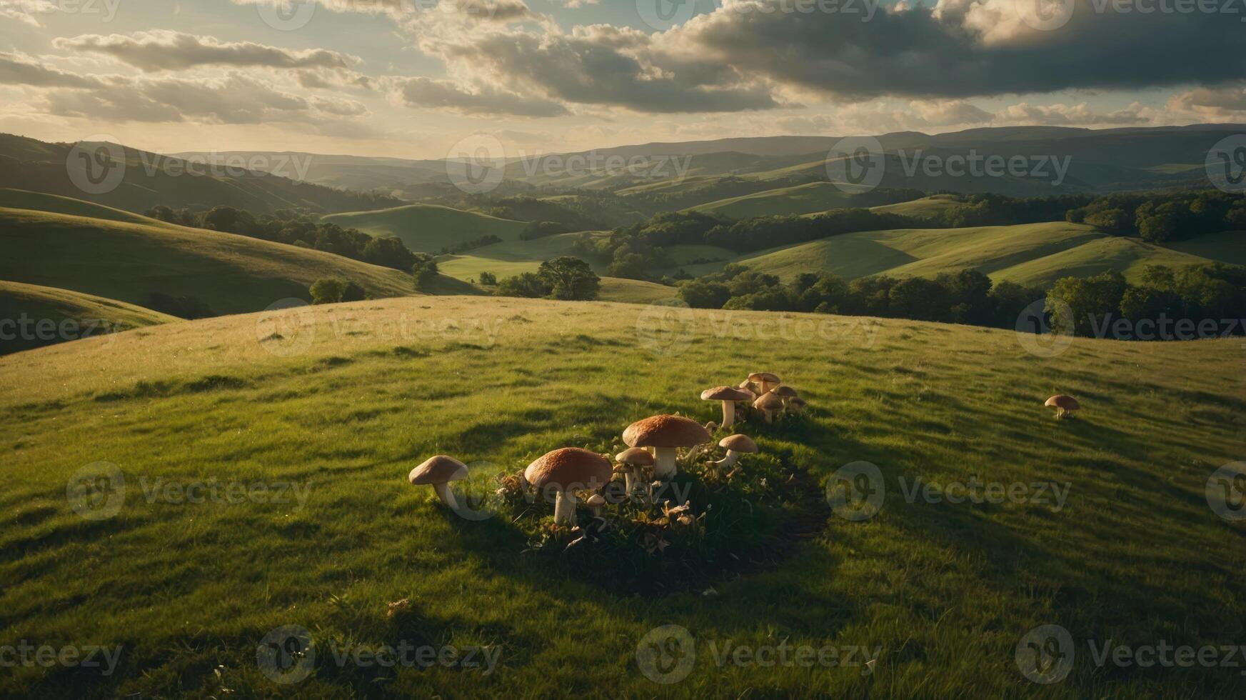 A scenic view of rolling hills with mushrooms scattered across a grassy landscape. photo