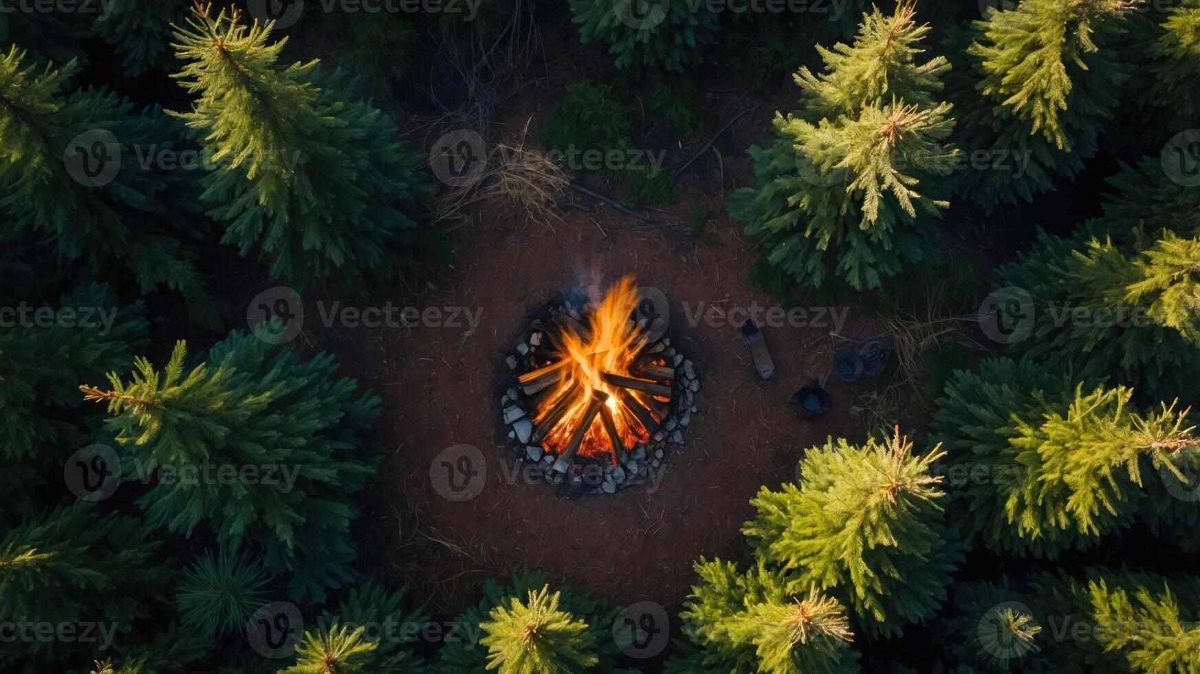 Aerial view of a campfire surrounded by tall evergreen trees in a serene forest setting. photo