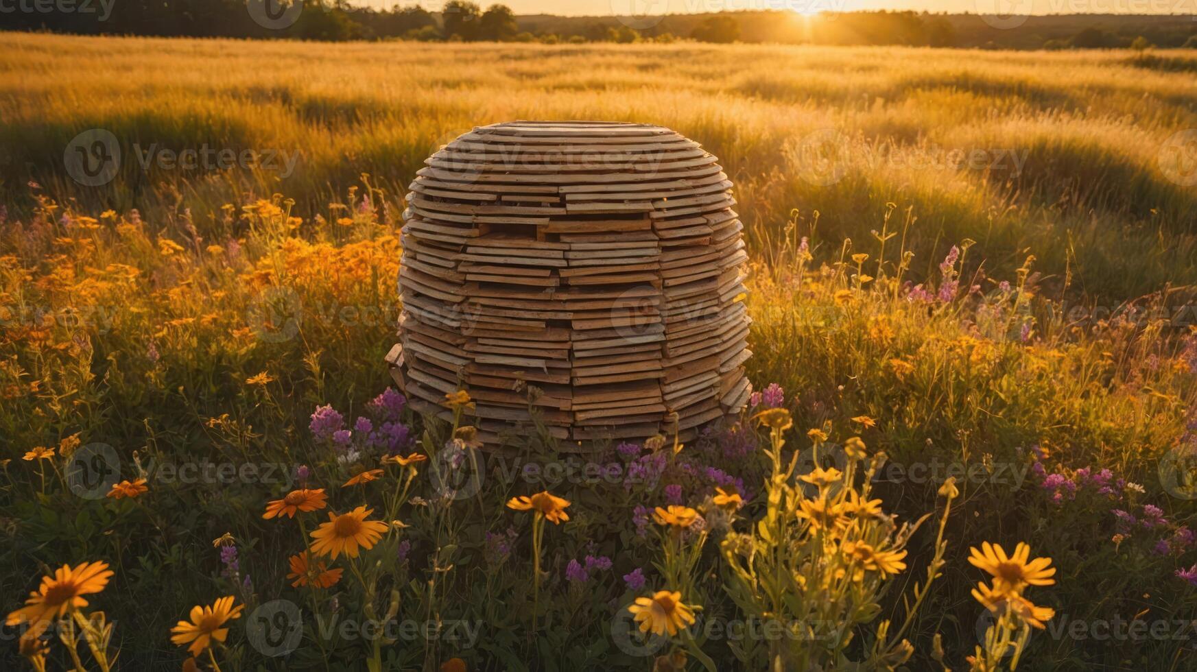 A wooden structure surrounded by vibrant wildflowers in a sunlit field. photo