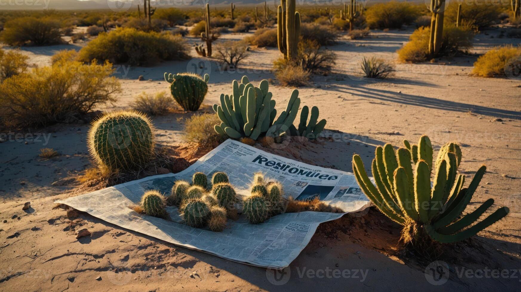 A newspaper lays on the ground surrounded by various cacti in a desert landscape. photo