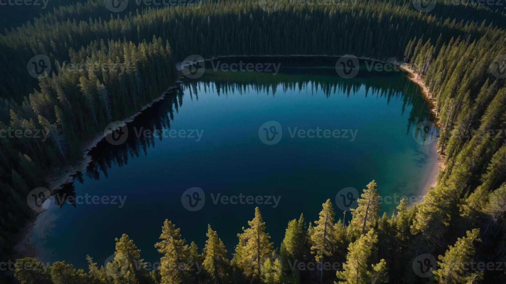 A serene aerial view of a forested lake surrounded by tall trees. photo