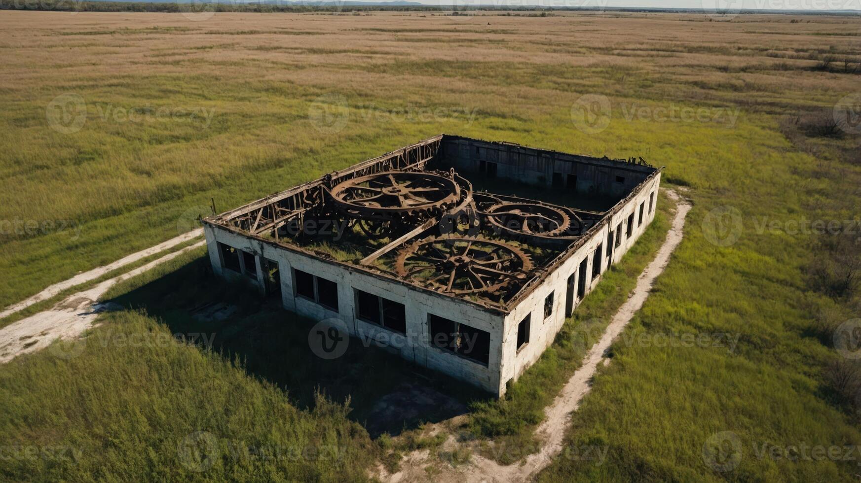 Aerial view of an abandoned industrial building with large gears on the roof in a grassy field. photo