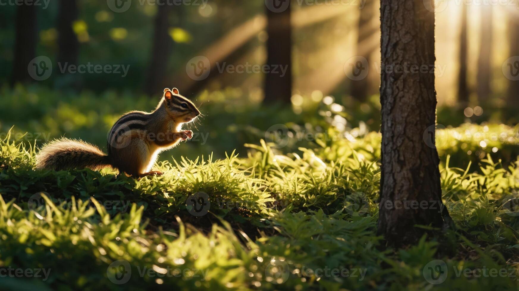 A squirrel in a sunlit forest, surrounded by lush greenery and soft light. photo