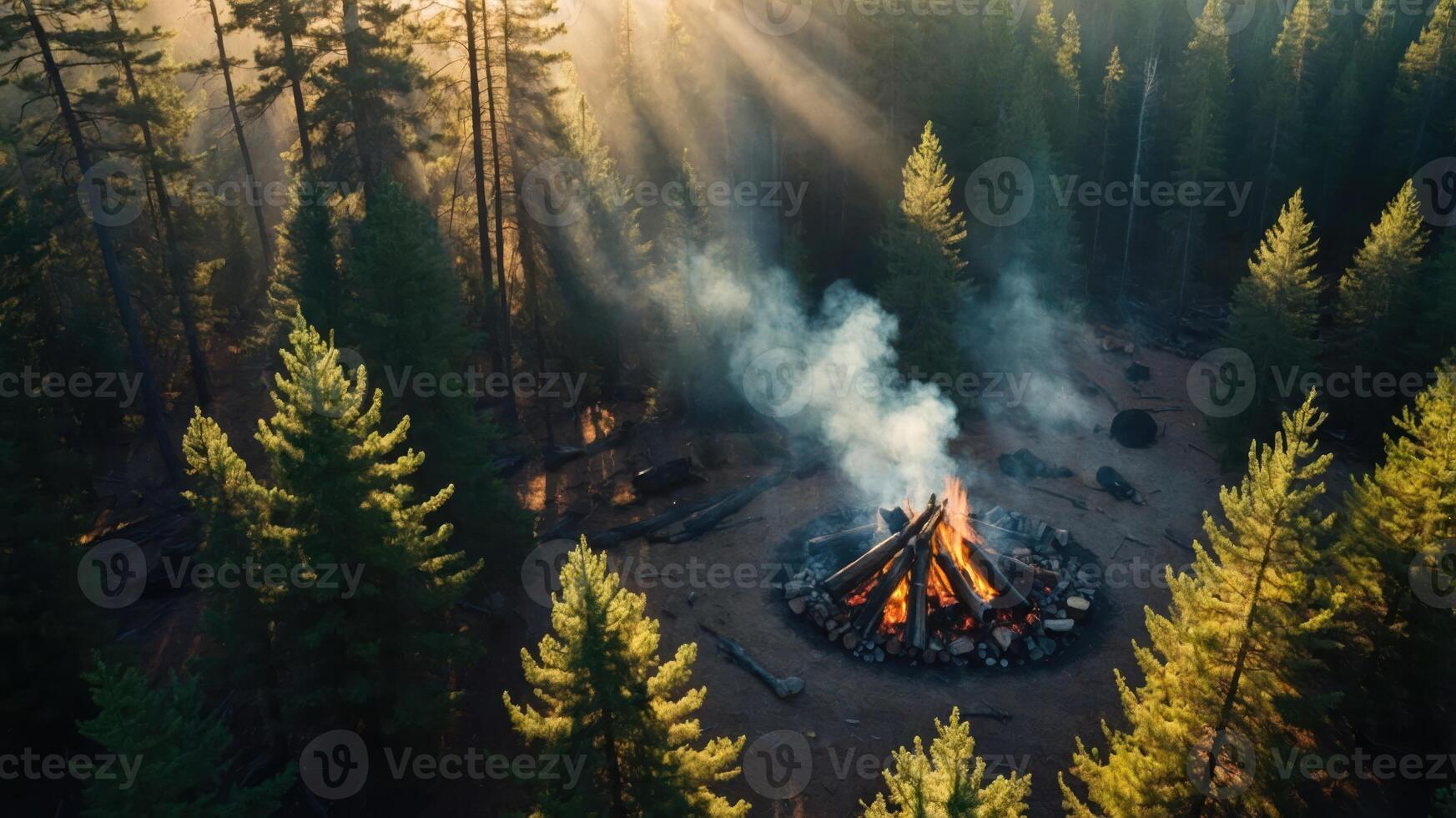 A serene campfire surrounded by tall trees and sunlight filtering through the forest. photo