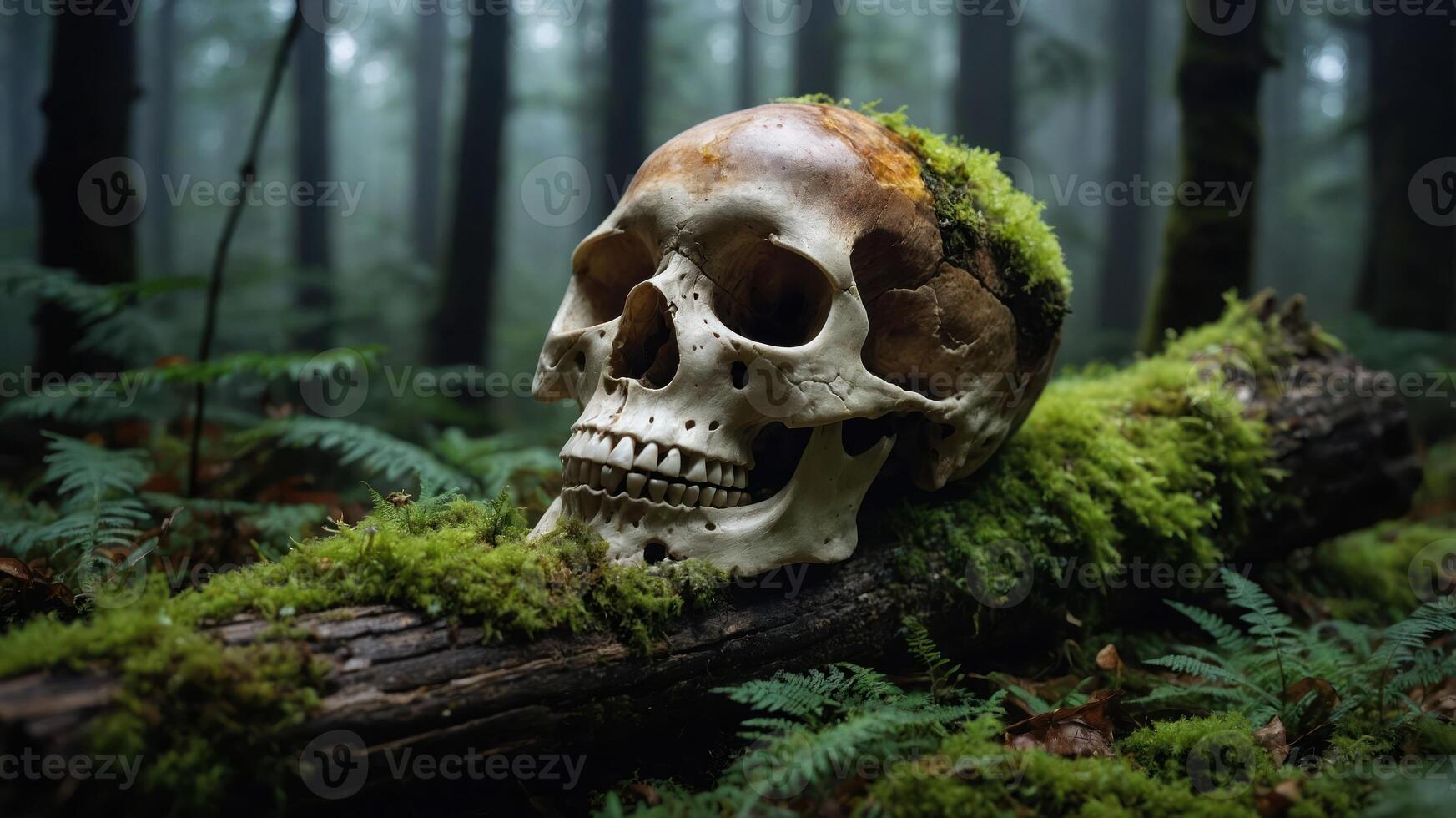 A skull resting on moss-covered wood in a misty forest. photo