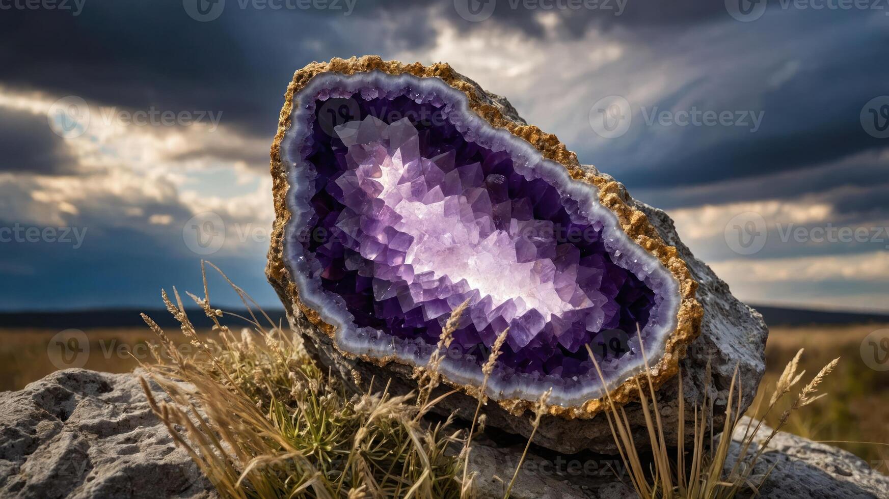 A stunning amethyst geode glistens under dramatic skies in a natural landscape. photo