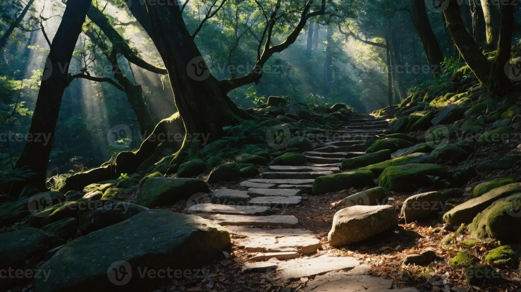 A serene forest path lined with mossy stones and illuminated by soft sunlight. photo
