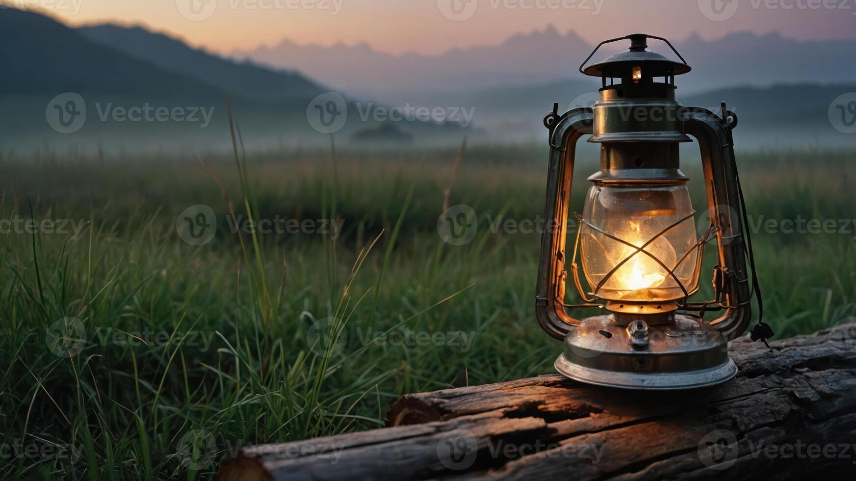 A vintage lantern glowing on a log in a serene, misty landscape at dawn. photo